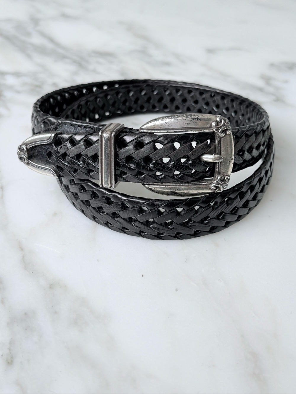 Vintage Fossil Black Leather Braided Belt w/ Silver Accents